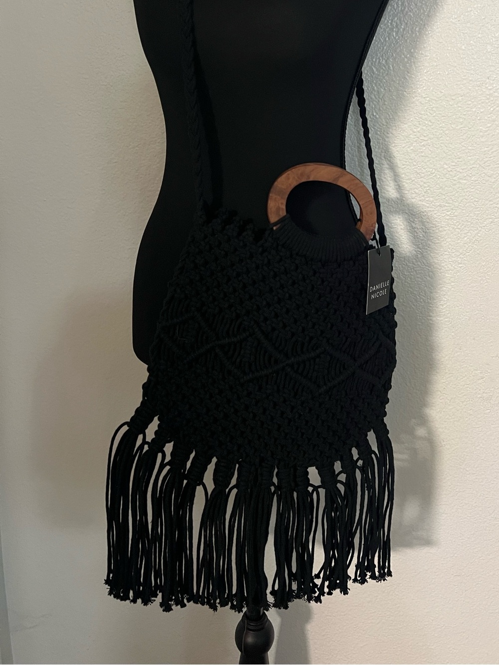 Black MacramΓ© Fringe Crochet Crossbody Bag with Wood Handle